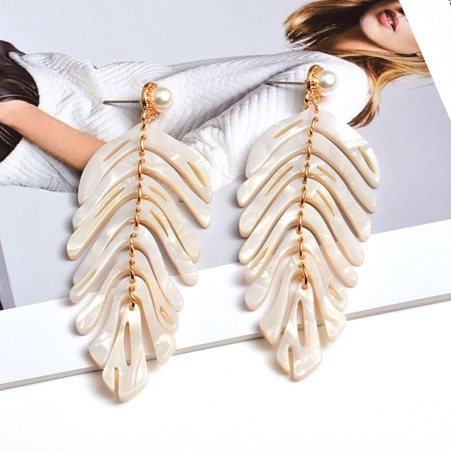 White Leaf Statement Earring with Pearl Post