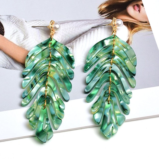 Green Leaf Statement Earring with Pearl Post