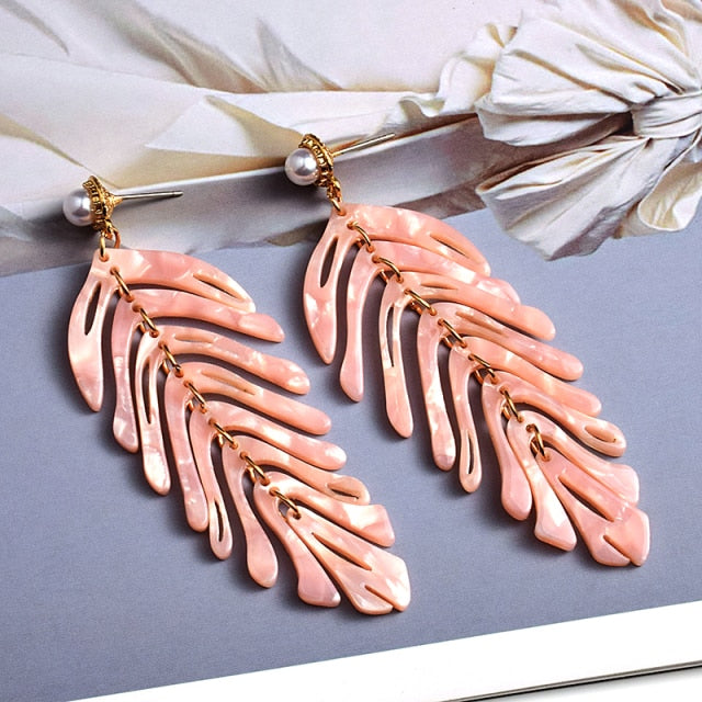 Pink Leaf Statement Earring with Pearl Post
